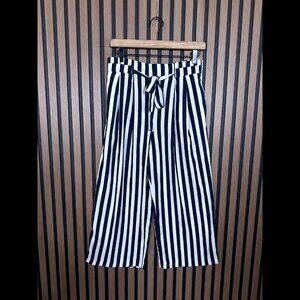Zara Pants Small Womens Blue White Tiki Tiki Wide Leg Waist Tie Stripe Cropped